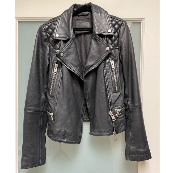 ALL SAINTS Women Bleeker Biker Cargo Leather Jacket Moto Black 0 XS 32 EUC - Picture 2 of 15
